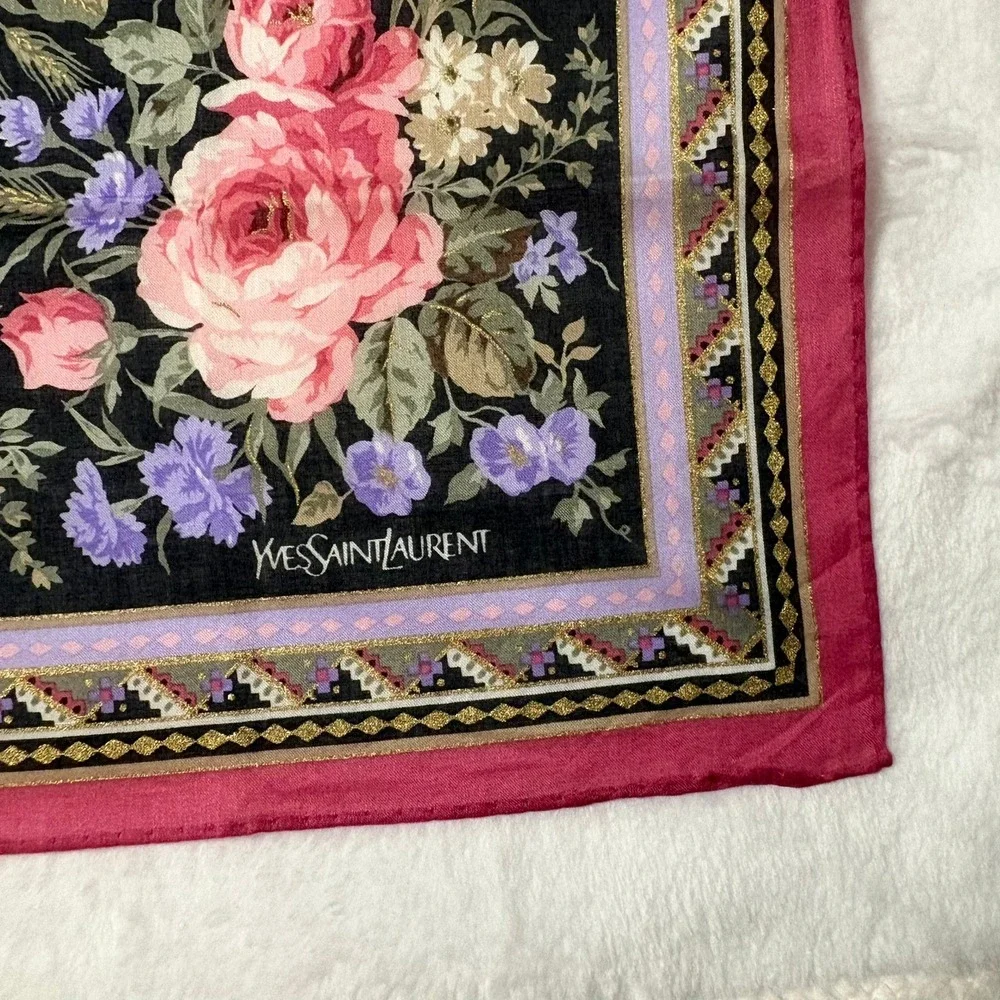 Vtg YVES SAINT LAURENT Scarf Handkerchief Floral Black Pink 19